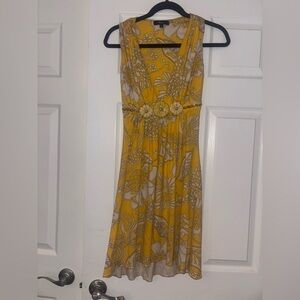 Sky Yellow Floral Empire Waist Mini Dress w Gold Chain Detail Size S